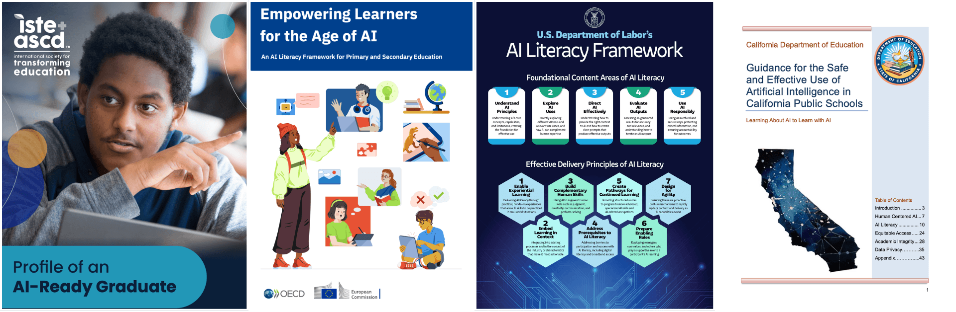Four AI learning frameworks: ISTE, AILit, DOL, and California's CDE